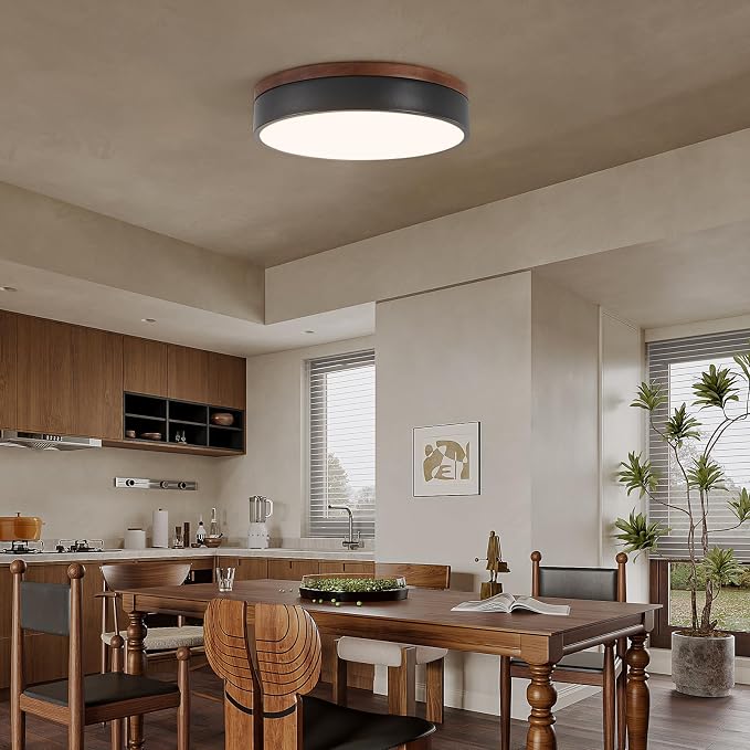 12" Minimalist Black and Walnut Wood LED Flush Mount Ceiling Light | Natural Wood Accent, Integrated LED, 5CCT Before Installation, Slim Low-Profile Design, Minimalist Modern Style, Compact Size