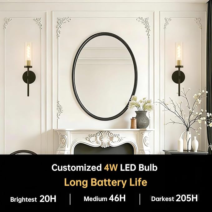 Shenmoyl Battery Operated Wall Sconces Set of 2, Black & Gold Rechargeable Wall Lighting Fixtures, Dimmable Wall Lights with Remote & Clear Glass Shade for Living Room, Bathroom,Bedroom
