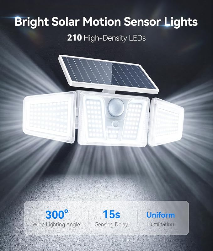 KOOPER Solar Flood Lights, 210 LED Motion Sensor Outdoor Lights, Solar Motion Lights Outdoor Waterproof, 3 Heads 300° Wide Angle Outdoor Security Lights for Yard Patio Garage Entryways, 2 Pack, White