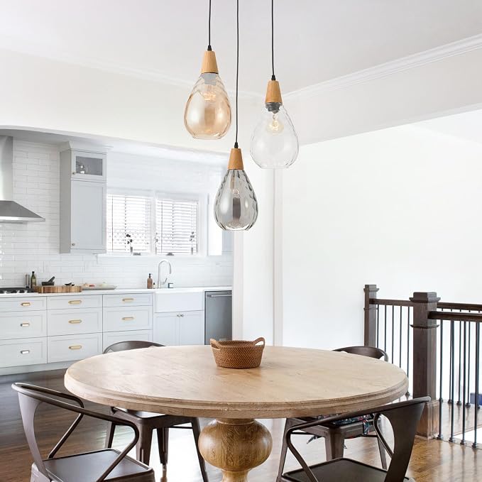 Modern Glass Pendant Light Fixtures, 3 Lights Hammered Glass Pendant Lights, Vintage Cluster Pendant Light in Matte Black Finish, Hanging Lamp for Dining Room Kitchen Sink Foyer Cafe Bar