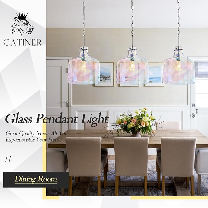 Colorful Hammered Glass Pendant Light, Chrome Hanging Light, 12-Inch | Hand-blown colorful hammered glass pendant light, adjustable chain, E26 socket, ideal for kitchen island lighting.