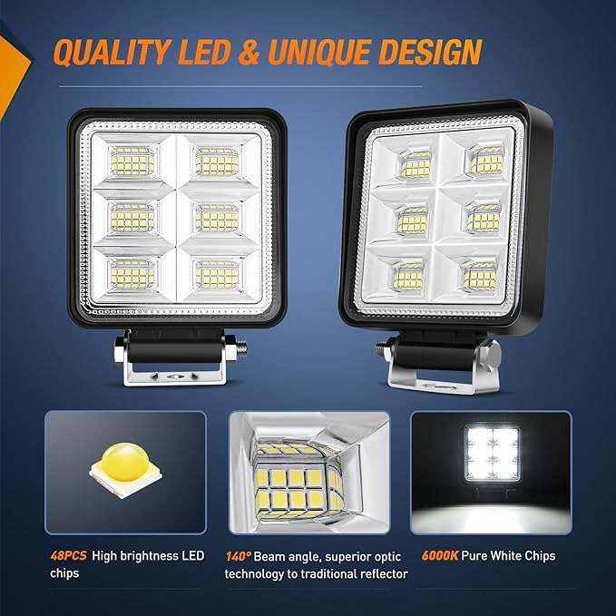 Nilight LED Tractor Lights LED Pod Lights Square 2PCS 4 Inch 48LED Flood LED Light Bar LED Fog Light Driving Light Led Work Light for Truck Off Road Vehicles ATV UTV Boat, 2 Years Warranty