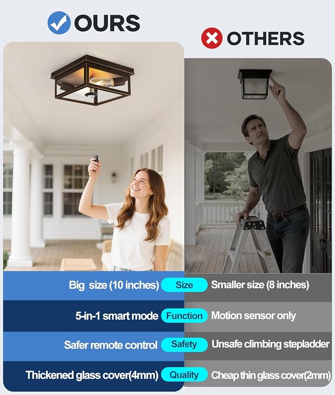 Motion Sensor Outdoor Ceiling Light with Remote, 10 Inch Brown and Gold Flush Mount Porch Light Fixture with United Glass Cover, 5 Modes Outside Flush Mount Light for Porch, Garage, Entryway