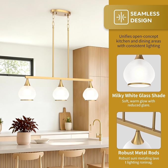 Kitchen Island Linear Pendant Light, 3-Light Gold Dining Room Chandelier with White Glass Globe Shades, Modern Linear Lighting Fixture Over Table