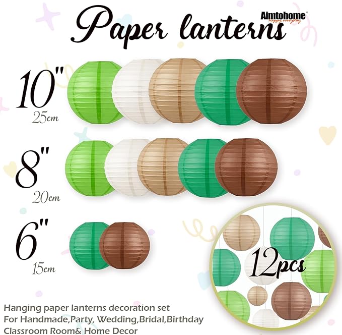 Earth-Tone Paper Lanterns Set (12 Pcs) - 6/8/10 Inch Hanging Lanterns for Jungle/Dinosaur/Rugby Parties, Birthdays & Home Decor（Teal, Coffee, Sage Green, Khaki, White）