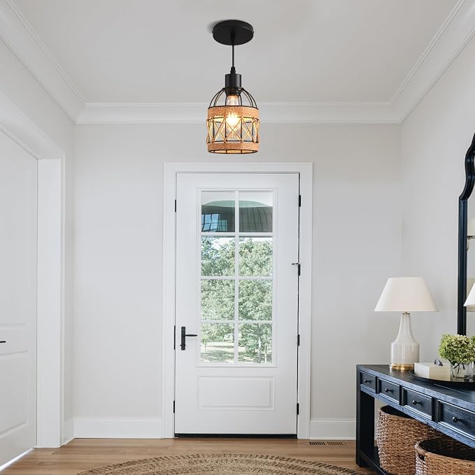 Farmhouse Pendant Light Fixture, Black Pendant Lights for Kitchen Island Industrial Lantern Pendant Light Fixtures with Light Shade, Adjustable Height Hanging Pendant Lighting