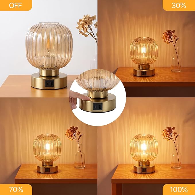 Elenhome Touch Table Lamp Set of 2, 3-Way Dimmable with Glass Shade, USB-C+A Charging Ports, Mid-Century Modern Small Bedside Lamps for Nightstand, Bedroom, and Living Room, LED Bulb Included (Amber)