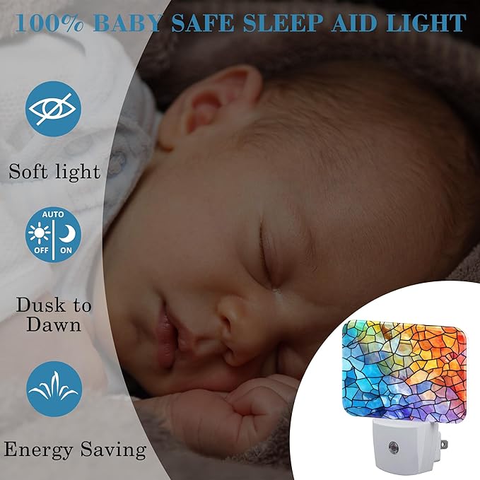 Multicolored Stained Glass Pattern Night Light, Colorful Glass Nightlight Plug into Wall with Dusk to Dawn Sensor for Kid Girls Boys Women Men Bedroom,Hallway,Kitchen,Bathroom,Stairs Decor