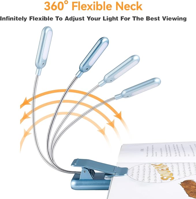 VAVOFO Rechargeable Reading Light, 7 LEDs with 9 Color Temperature 9 Brightness Levels Clip On Book Light for Reading in Bed with Power Indicator for Bookworms (Silver Blue)