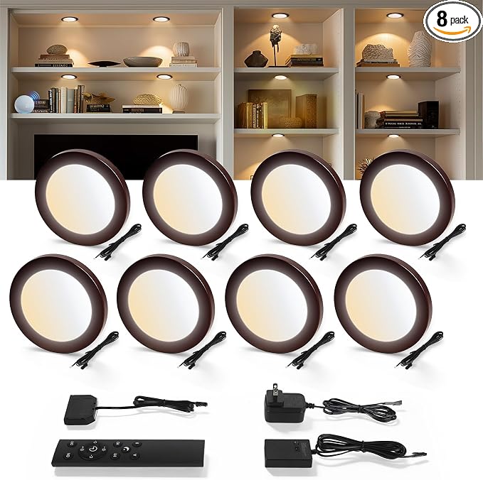 V4light LED Puck Lights, Smart Under Cabinet Lighting with Remote, 8 Pack | Dimmable 2700K-6500K, Alexa Voice Control, Plug-In Wired, Adhesive Mount, For Kitchen Counter Closet Shelf Display Case