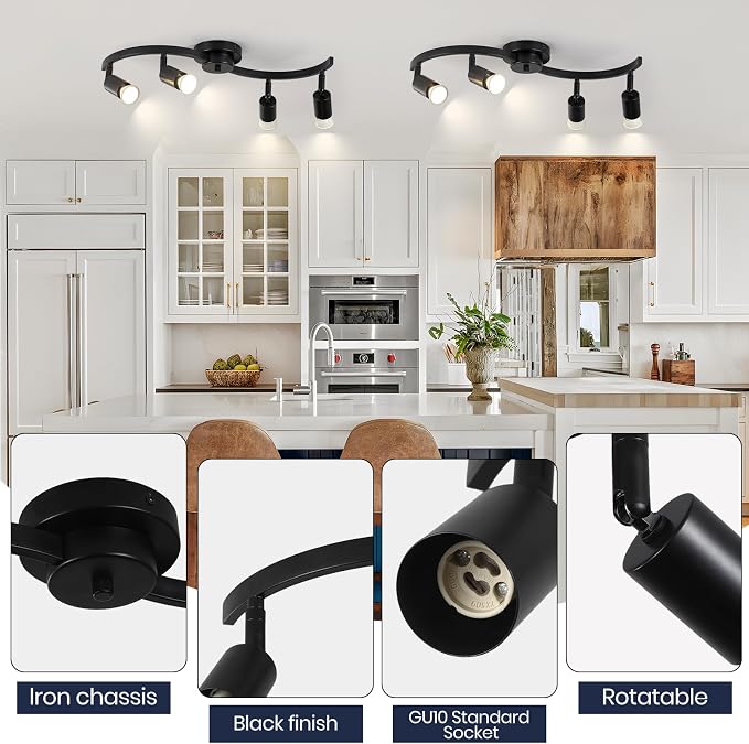 4 Light Track Lighting Fixtures,Kitchen Lighting Fixtures Ceiling with Rotatable Light Head,Black Ceiling Spotlight for Dining Room Living Room Bedroom.