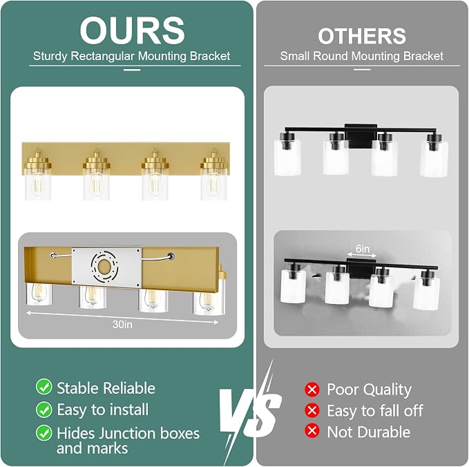IZORRO Bathroom Vanity Light Fixture, 4-Light 30 Inch Gold Bathroom Light Fixtures Over Mirror, with Clear Glass Shade, Modern Farmhouse Vanity Lights, Rustic Restroom Lighting Fixtures