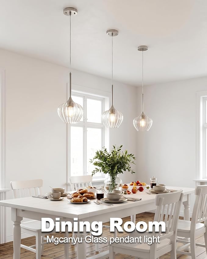2-Pack Glass Pendant Lights Kitchen Island, 7.7" Modern Brushed Nickel Pendant Lighting Small Hanging Light Fixtures for Kitchen, Dining Room, Bathroom, Bedroom