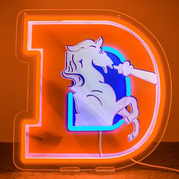 Broncos Football Neon Signs Led Sign for Wall Decor Rugby Team Light Up Sign Suitable for Man Cave Office Bar Pub Wall Art Gifts for Teen Boys