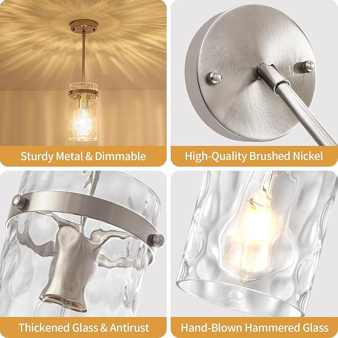 2 Pack Brushed Nickel Pendant Lighting for Kitchen Island, Modern Hand-Blown Glass Kitchen Hanging Light Fixtures Over Island Adjustable Mini Pendan Lights for Hallway Entryway Bathroom Dining Room