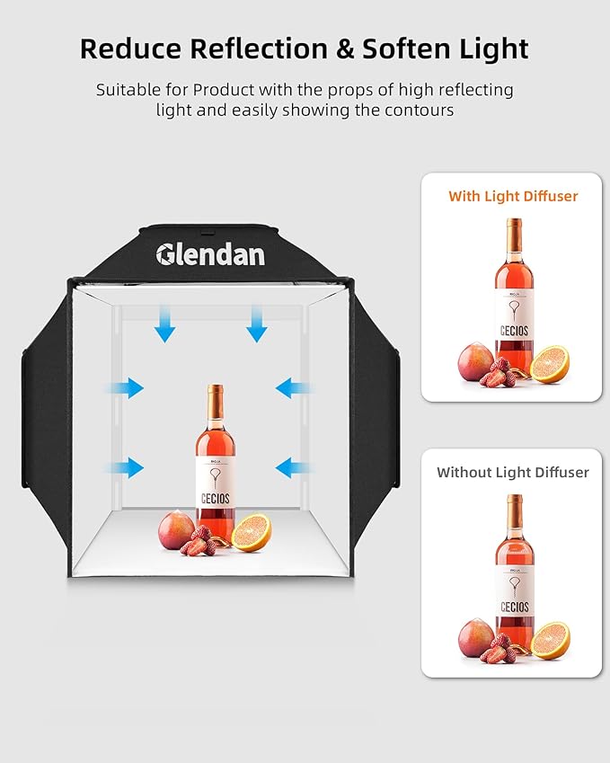 Glendan Portable Light Box Photography: 20"x 20" Upgrade Dimmable Photo Booth Soft Box with 1222 LED Lights - Photo Studio Box with 4 Color PVC Backdrops for Jewelry Product Photography