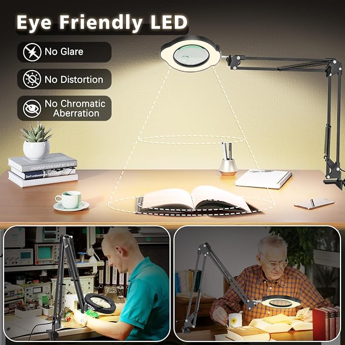 Magnifying Glass with Light and Clamp, 15X 10X Desk Magnifying Lamp, 84 LED Real Glass Lens Magnifier, 5 Color Modes Stepless Dimmable, Adjustable Hands Free Table Lamp for Repair Crafts Hobby Sewing