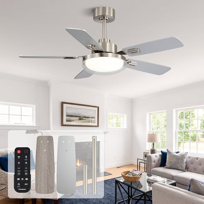 44 Inch Ceiling Fans with Lights and Remote, Bedroom Living Room Office Outdoor , 5CCT Dimmable, Dual Color 5 Blades, 6 Speed Reversible Quiet DC Motor, Dual-Layer Shade, Sand-nickel/Wood Grain