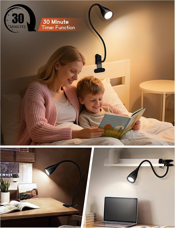 Reading Light for Book in Bed,Clip on Light Reading Lamp with Adapter Black | 5 Color Modes 10 Brightness, Flexible Eye-Caring Clip on Desk Lamp Book Light for Reading in Bed Headboard Bedside Bedroom