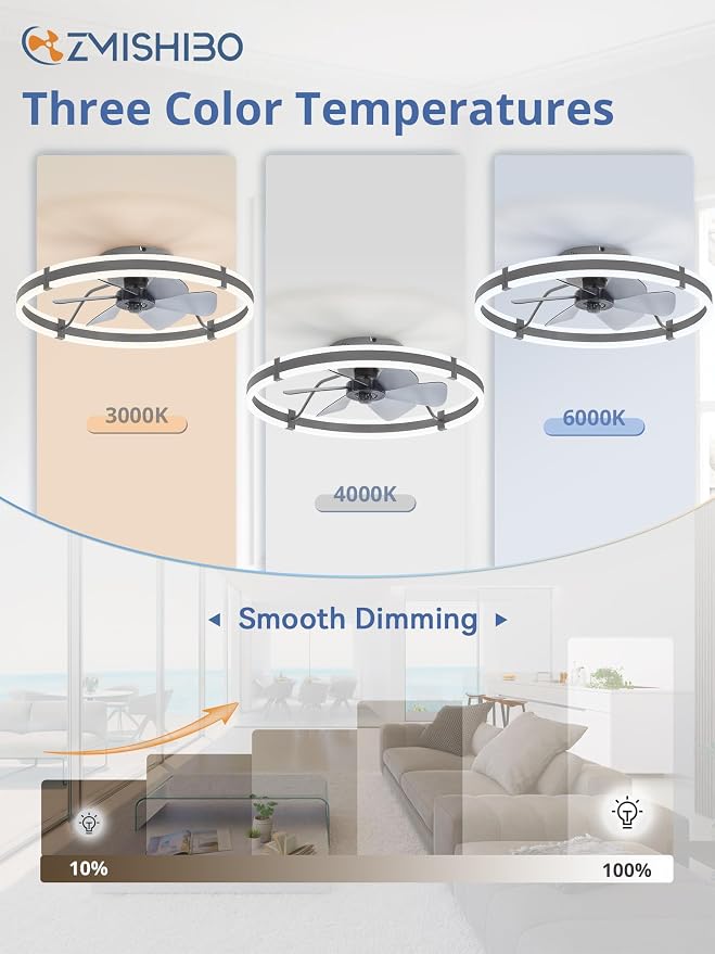 ZMISHIBO Low Profile 24'' Ceiling Fans with Lights and Remote, Gray | 3000-6000K Dimmable LED Fandelier, Quiet DC Motor, Reversible Airflow, 6 Wind Speeds, Timer, Bedroom, Living Room, Kitchen