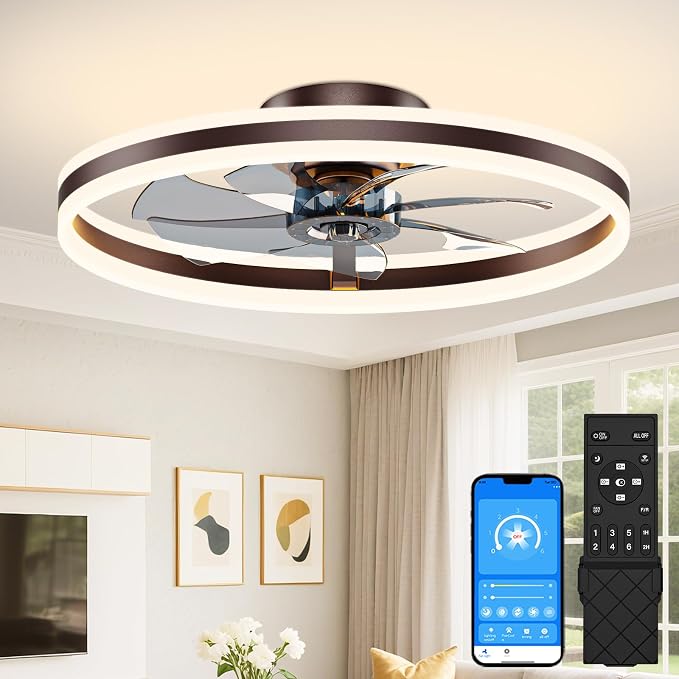 VOLISUN Low Profile Ceiling Fans with Lights and Remote, 24in Flush Mount Ceiling Fans with Light, 3000K-6500K Dimmable Fandelier LED Fan Light, Brown Bladeless Ceiling Fans with Lights for Bedroom