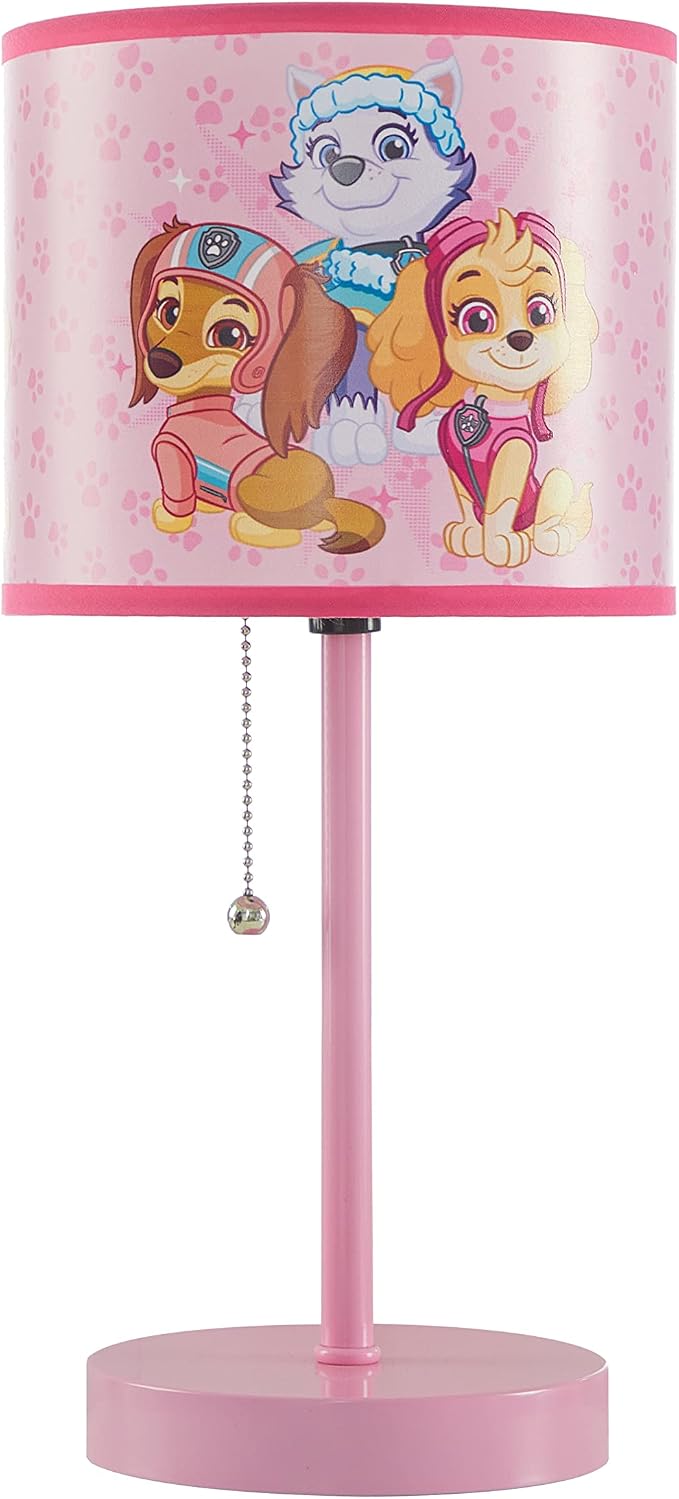 Paw Patrol Stick Table Lamp for Kids – Featuring Everest, Liberty & Skye, Pull Chain On/Off, Printed Decorative Shade, Perfect for Bedroom, Nursery or Playroom
