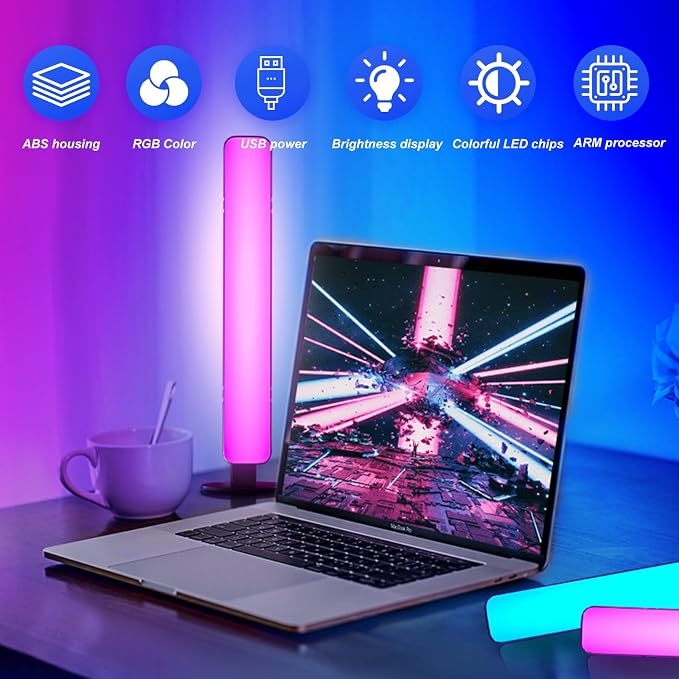 Smart RGB LED Light Bars for Gaming Desk, PC Monitor, TV – 10 Inch, Music Sync, Remote Control, 15 Modes, USB Powered, Horizontal & Stereoscopic Placement for Room Decor & Mood Lighting