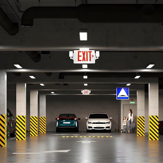 Gruenlich Exit Sign with Emergency Light, Double Face, Battery Backup | Hardwired LED Combo Exit Light for Bussiness, Two Bright and Adjustable Heads, Red, UL 924 and CEC, 120-277 Voltage, 2 Pack