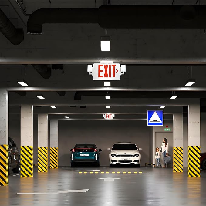 Gruenlich Exit Sign with Emergency Light, Double Face, Battery Backup | Hardwired LED Combo Exit Light for Bussiness, Two Bright and Adjustable Heads, Red, UL 924 and CEC, 120-277 Voltage, 4 Pack