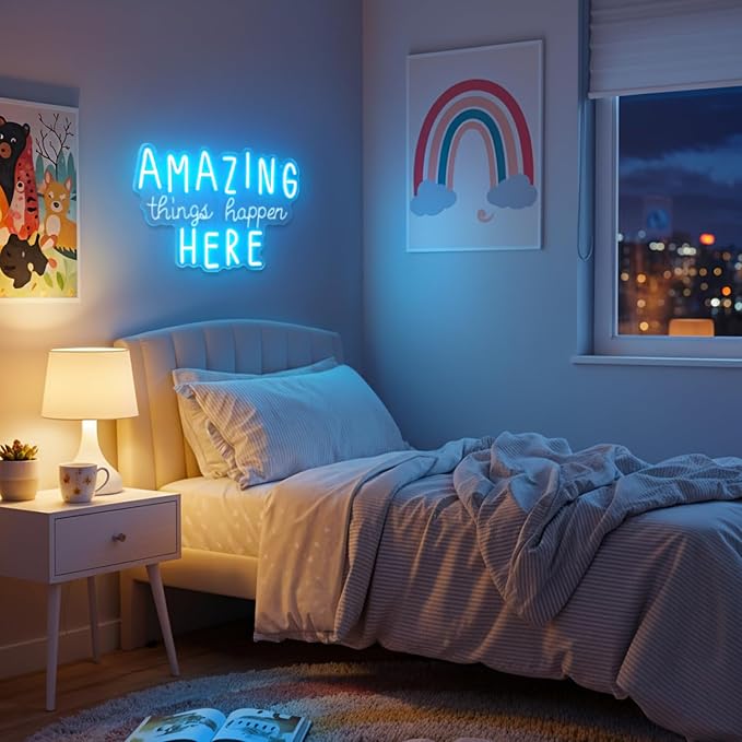 Amazing Things Happen Here Neon Sign – LED Neon Wall Decor with USB Power & Dimmable Brightness, Motivational Neon Light Sign for Bedroom,Office,Classroom,Inspirational Room Decor