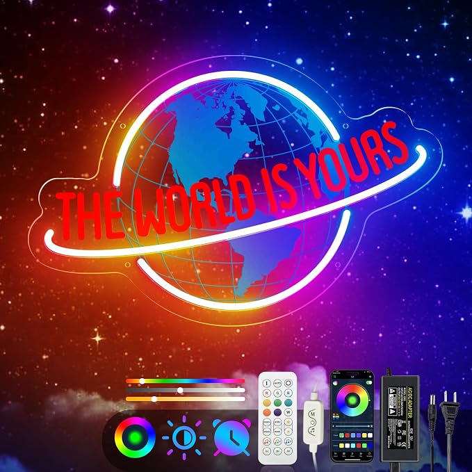The World Is Yours Neon Sign, 7 RGB Color Planet LED Neon Light Lamp for Wall Decor, Man Cave Home Bar Bistro Club Cafe Wedding Game Room Bedroom Birthday Gift Graduation Party
