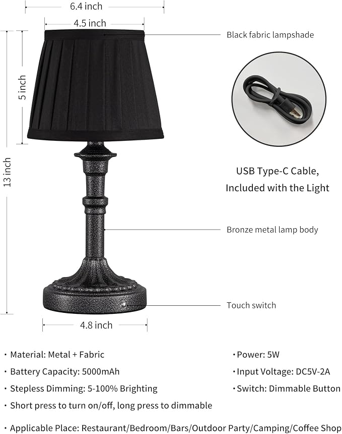 KDG Mottled Silver Cordless Table Lamps Set of 2, Black Fabric Shade Light | 2700K Stepless Dimmable 4000mAh Battery Powered Portables Small Desk Lamp, LED Lighting for Living Room, Dining Room, Bedroom