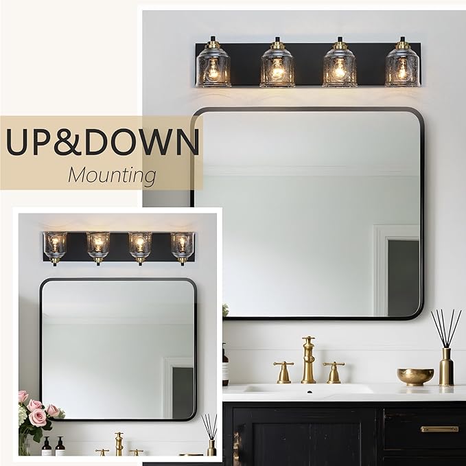 31.5" Large Farmhouse Bathroom Vanity Light,4-Light Black and Gold Metal Vanity Light with Bubble Glass Shades,Rustic Wall Sconce Lighting Fixtures Over Mirror for Barhroom,Kitchen. BD005-4-BG
