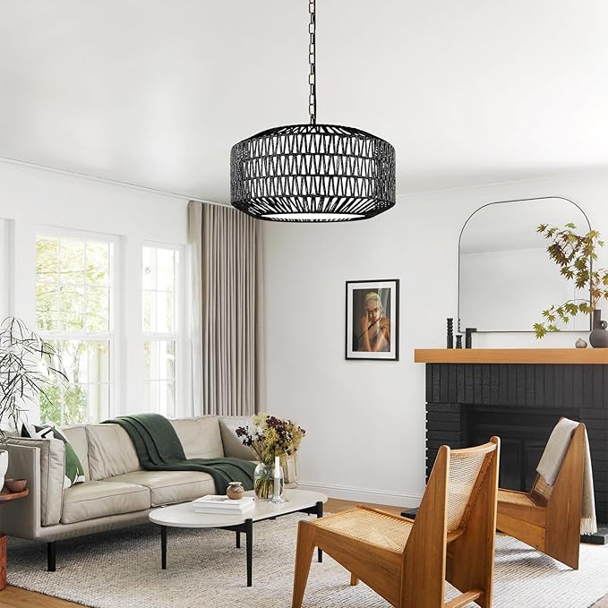 Farmhouse Chandelier Light Fixture, 5-Light Rattan Boho Chandeliers for Dining Room, Hand Woven Pendant Light with Linen Shade, Rustic Hanging Lighting for Kitchen Island, Bedroom (Bulb Not Included)