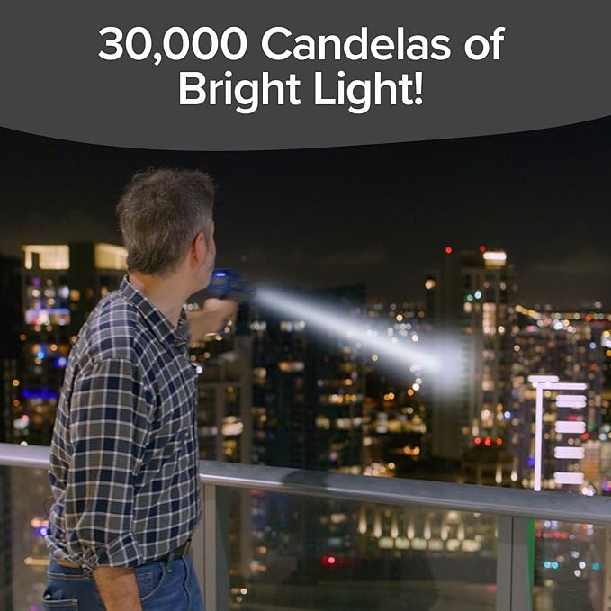 30,000 Candela Rechargeable Spotlight with Turbo Boost | Rechargeable spotlight with 10 light modes, Turbo Boost, kickstand and phone charger for emergencies and camping