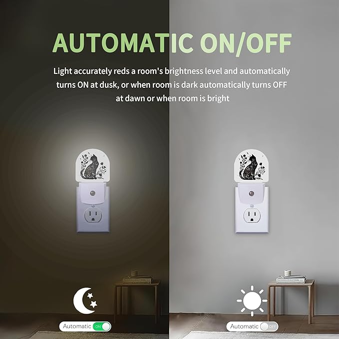 Black Cat Night Light, Cat Flower Night Light Plug into Wall with Dusk to Dawn Sensor, LED Lamp Energy Saving Lights for Men Women Boys Girls,Lamp for Bedroom Bathroom Hallway