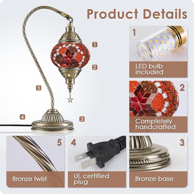 Yarra-Decor Turkish Moroccan Lamp with Bronze Base 3 Color Options Handmade Swan Neck Mosaic Glass Bedside Lamps for Bedroom (LED Bulb Included)(Red2)
