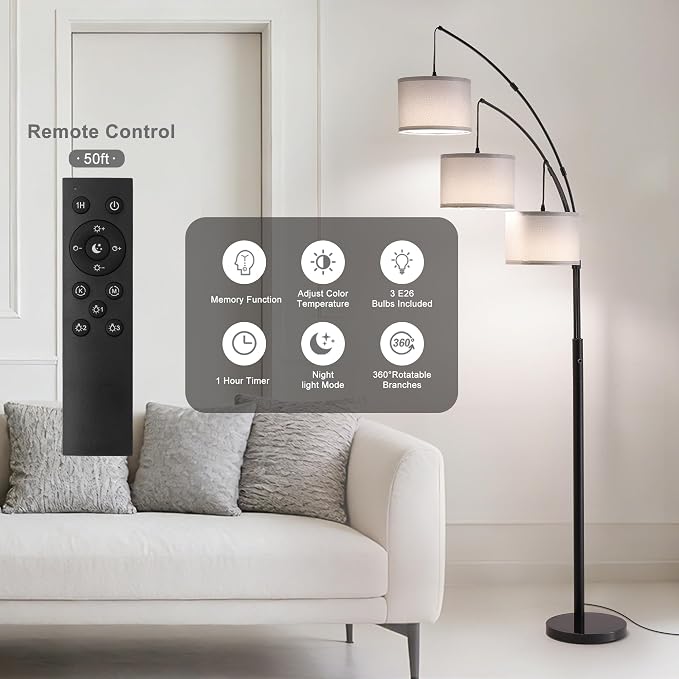 Floor lamp with Remote, 3 Light Arc Floor Lamps for Living Room, 2400LM Tall Standing Floor Lamps with Gray Shades, 80" Large Floor Lamp for Bedroom, Office