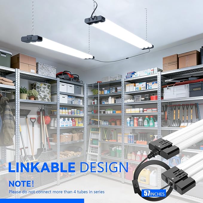 JESLED LED Shop Lights 4FT 7500LM, 3CCT & 3 Wattage Adjustable, ETL | 3CCT 4000K, 5000K & 6500K, 30W/40W/50W Selectable, Linkable for Garages & Workshops, Ceiling or Hanging Mount, 4 Pack