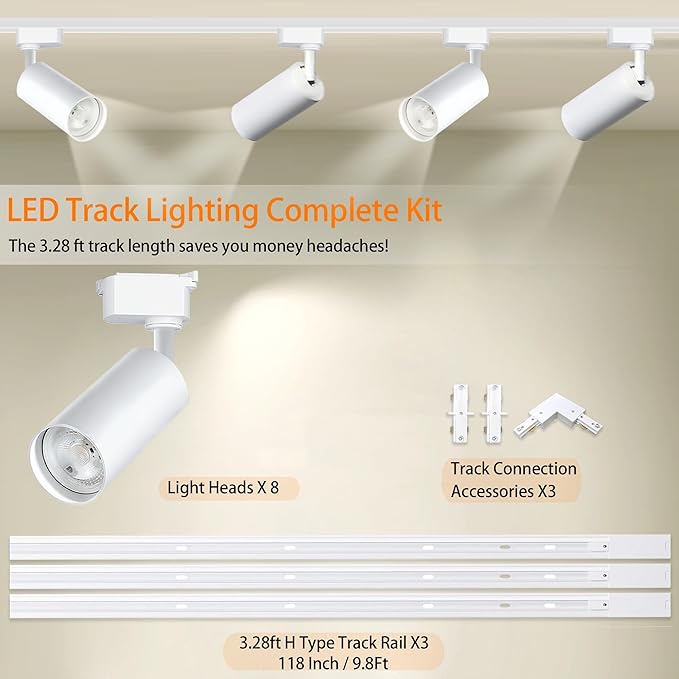H Type LED White Track Lighting Heads Kit, 8 Heads 4000K Natural White 20W 2700lm High Brightness Track Lighting System with 9.8ft (3.28 * 3) Track Rail, Angle AdjustableTrack Light