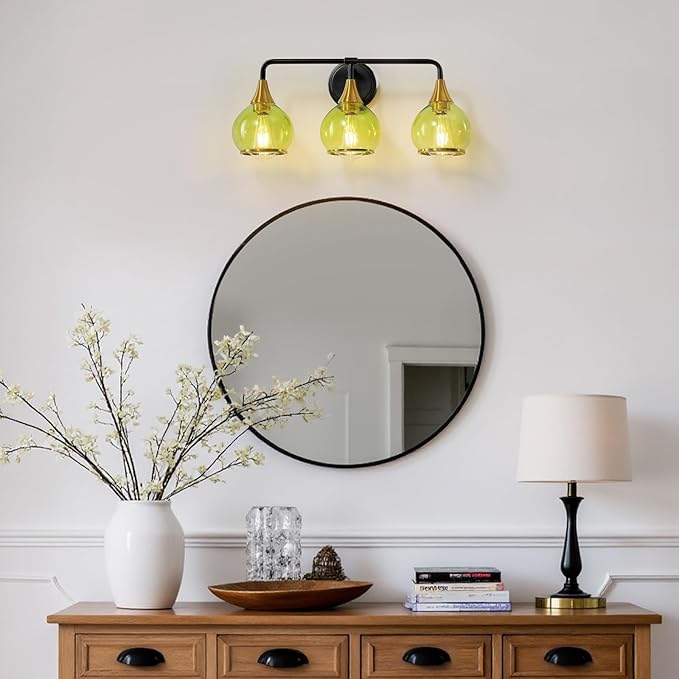 Black and Gold Bathroom Vanity Light 3-Lights Bathroom Light Fixtures Over Mirror with Green Clear Glass Shade 22.4 inch Wall Sconce Lighting Bath(Exclude E26 Bulb)