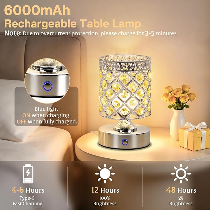Yellow Small Crystal Rechargeable Cordless Table Lamps Set of 2 | 6000mAh Battery, 3 Color Temps, Stepless Dimming, Touch Control, Portable Wireless Night Light for Bar Bedroom Living Room