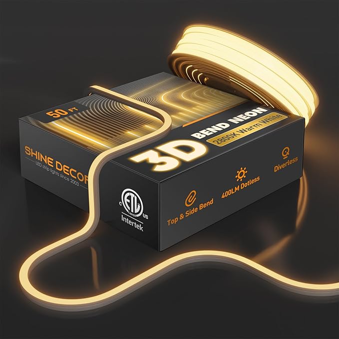 3D LED Neon Rope Light AC 120V 10x10mm, 2800K Warm White,50ft | Top & Side Bend, 400LM, Dotless, Driverless, IP65 Waterproof, Cold-Resistant, ETL Listed, Silicone Strip, for Home Commercial