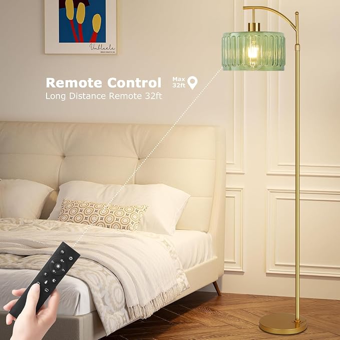 ILLMTW Glass Floor Lamp for Living Room,Bedroom,Gold Mid Century Modern Standing Lamp with Remote,Dimmable Brass Tall Lamp Vintage Retro Green Arc Flower Floor Light Boho Bohemian