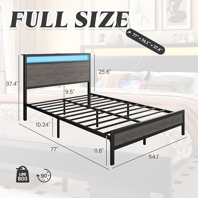 Fluest Full Bed Frame with Headboard & Footboard, Full Bed Frame with Built-in Charging Station & LED Light, Storage Shelf, Noise-Free, No Box Spring Needed, Easy Assembly, Rustic Grey