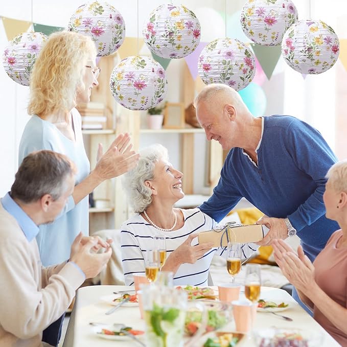 12 Pcs Floral Paper Lanterns Tea Party Decorations Flower Wildflower Spring Birthday Party Decoration Flower 10 Inch Hanging Round Paper Lanterns for Wedding Bridal Shower Baby Shower Decor