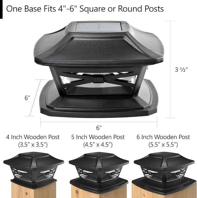Davinci Flexfit Solar Outdoor Post Cap Lights, 4x4 5x5 6x6, Bright LED 12PK | Slate Black, Wooden Posts, fence/deck/garden/patio, UV fade-protected plastic, auto-on, 7-8h, cordless, IP44, 25lm warm white