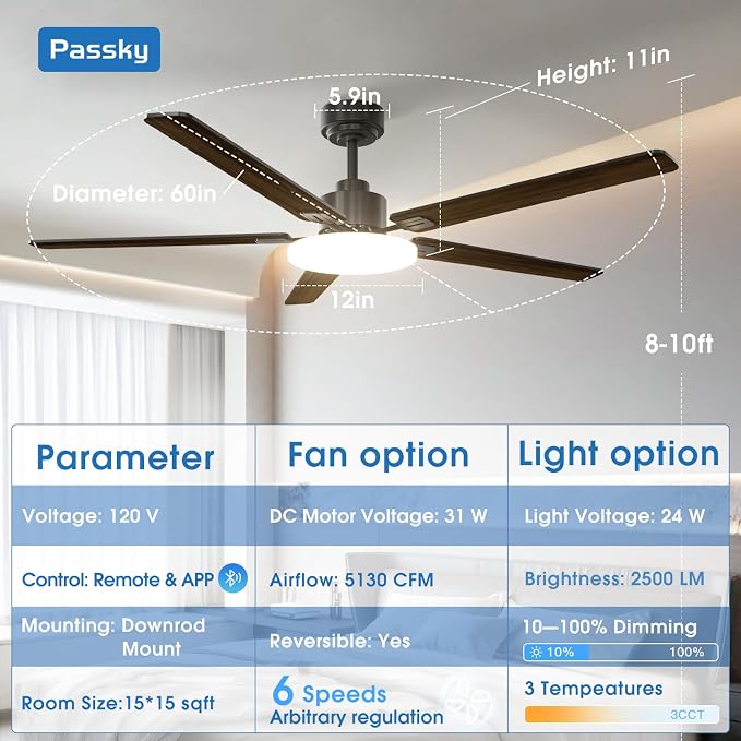 Passky 60 Inch Black Sleek Ceiling Fans with Lights, Remote Control | 3-color dimmable light, quiet reversible DC motor, easy install, memory, Timer, APP, bedroom, covered outdoor areas