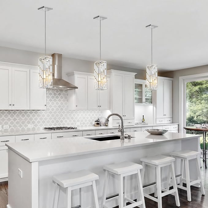 Chrome Pendant Lights Kitchen Island 3 Pack, Mini Crystal Chandeliers, Modern Pendant Lights Ceiling Lighting Fixtures for Kitchen Island, Dinning Room, Bedroom