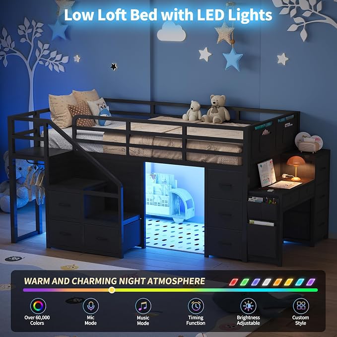 Twin Loft Bed with Desk, RGB Lights & Under Bed Play Fort, Black | 11 Storage Drawers, Clothes Rack, Pockets, Wide Step Stairs, 11.8''H Safety Guardrail, Built-in Charging Station